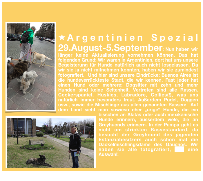 
￼Argentinien Spezial 29.August-5.September: Nun haben wir länger keine Aktualisierung vornehmen können. Das hat folgenden Grund: Wir waren in Argentinien, dort hat uns unsere Begeisterung für Hunde natürlich auch nicht losgelassen. Da wir sie ja nicht mitnehmen konnten, haben wir sie zumindest fotografiert.  ￼Und hier sind unsere Eindrücke: Buenos Aires ist die hundeverrückteste Stadt, die wir kennen. Fast jeder hat einen Hund oder mehrere: Dogsitter mit zehn und mehr Hunden sind keine Seltenheit. Vertreten sind alle Rassen. Cockerspaniel, Huskies, Labradore, Collies(!), was uns natürlich immer besonders freut. Außerdem Pudel, Doggen usw., sowie die Mischlinge aus allen genannten Rassen:  Auf dem Land sieht man sowieso eher „urige“ Hunde, die ein bisschen an Akitas oder auch mexikanische Hunde erinnern, ausserdem viele, die an Greyhuonds erinnern. In der Pampa geht es nicht um strickten Rassestandard, da besucht der Greyhound des jagenden Estanziabesitzers auch schon mal die Dackelmischlingsdame des Gauchos. Wir haben sie alle fotografiert, hier eine Auswahl! 